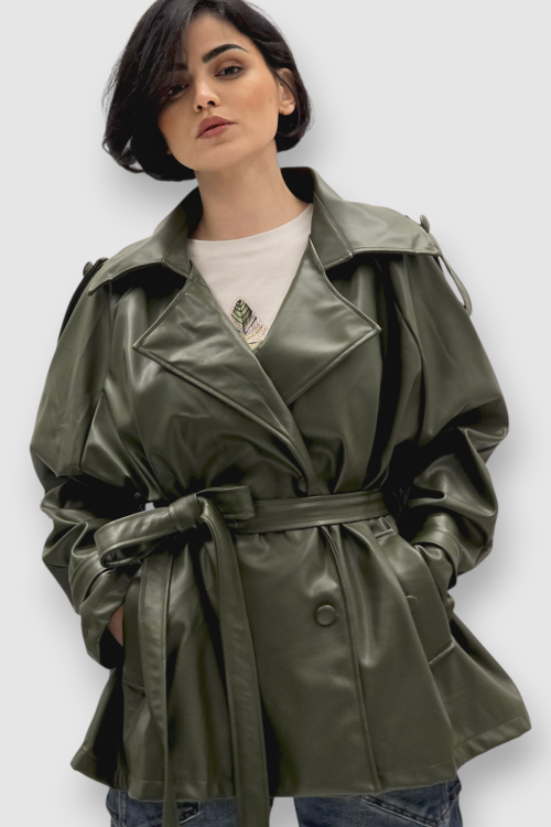 Ženska trendi tamno zelena oversized jakna Ember u imitaciji kože