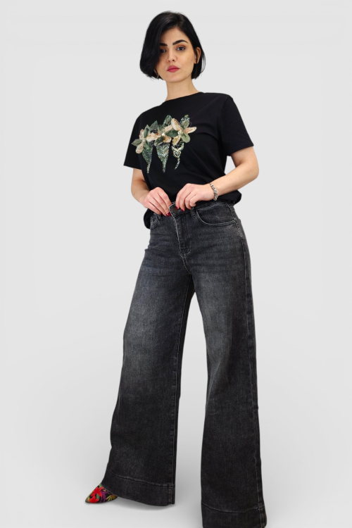 Crne trendi wide leg traperice Meadow s ispranim efektom