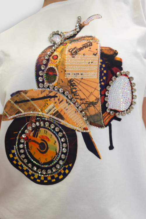 Ženska pamučna bijela majica kratkih rukava sa cirkonima i printom Molly