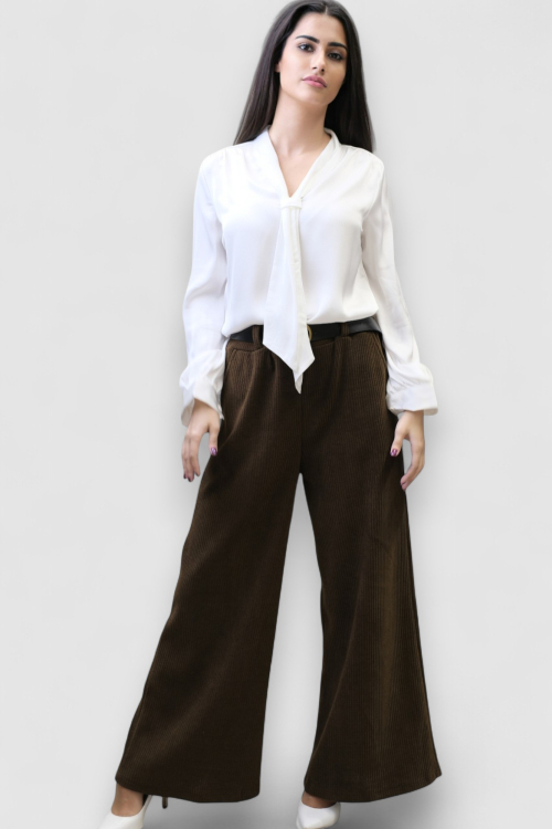 Ženske tamno smeđe samt hlače Lucy s širokim nogavicama i remenom