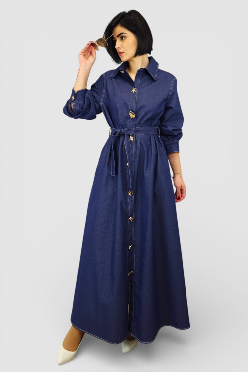 Duga denim haljina Corinna u retro vintage stilu s kontrastnim šavovima