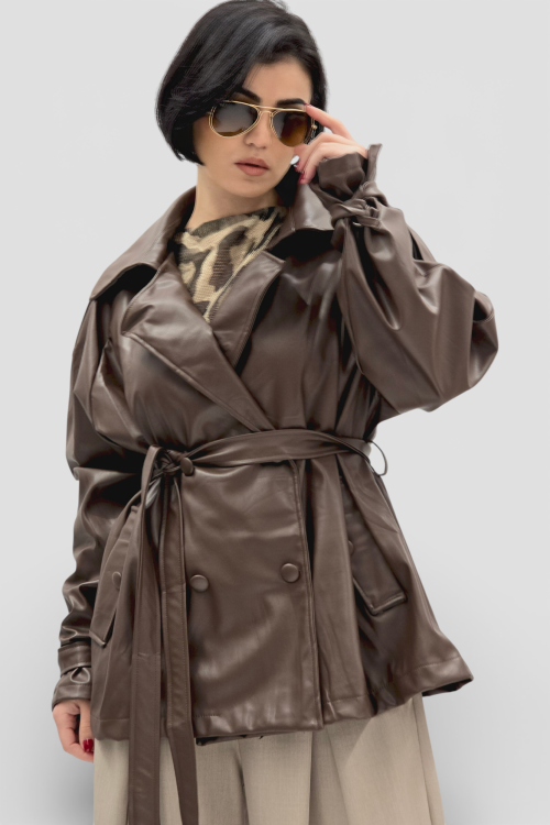 Ženska trendi smeđa oversized jakna Ember u imitaciji kože