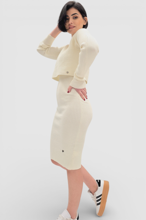 Komplet bež rebraste viskozne haljine i džempera Catrina