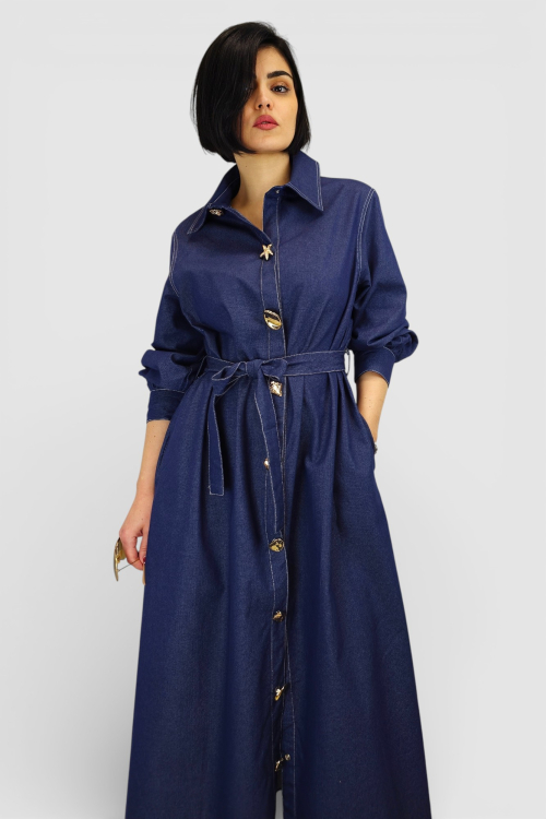 Duga denim haljina Corinna u retro vintage stilu s kontrastnim šavovima