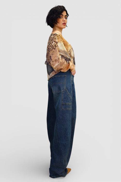 Tamno plave trendi barrel traperice Livia sa zelenkastim efektom