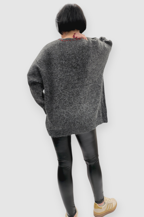 Ženski sivi džemper na kopčanje Bindi s V-izrezom i aplikacijom medvjedića