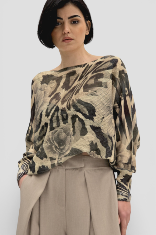 Ženska bež končana majica Faye dugih rukava sa cvjetnim printom