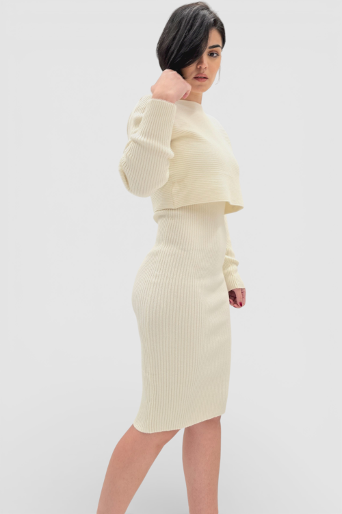 Komplet bež rebraste viskozne haljine i džempera Catrina
