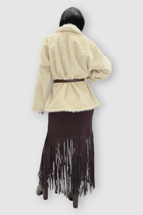 Bež lagana jakna Emma od umjetnog krzna sa pojasom