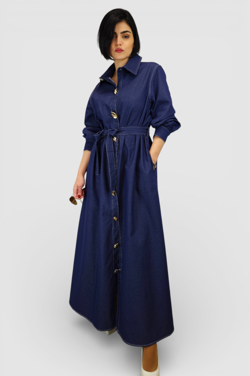 Duga denim haljina Corinna u retro vintage stilu s kontrastnim šavovima