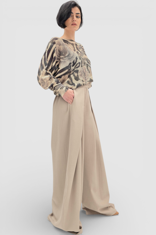 Ženska bež končana majica Faye dugih rukava sa cvjetnim printom