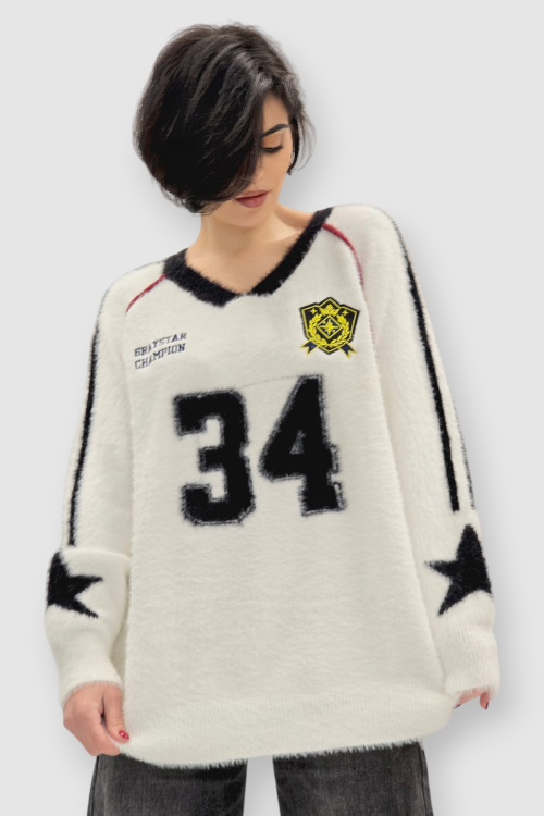 Ženski bijeli džemper Beverly s V-izrezom i retro printom