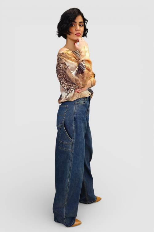 Tamno plave trendi barrel traperice Livia sa zelenkastim efektom