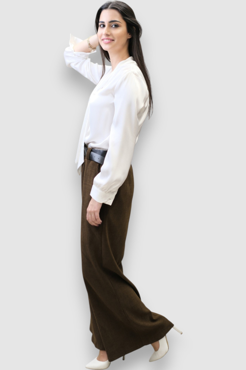 Ženske tamno smeđe samt hlače Lucy s širokim nogavicama i remenom