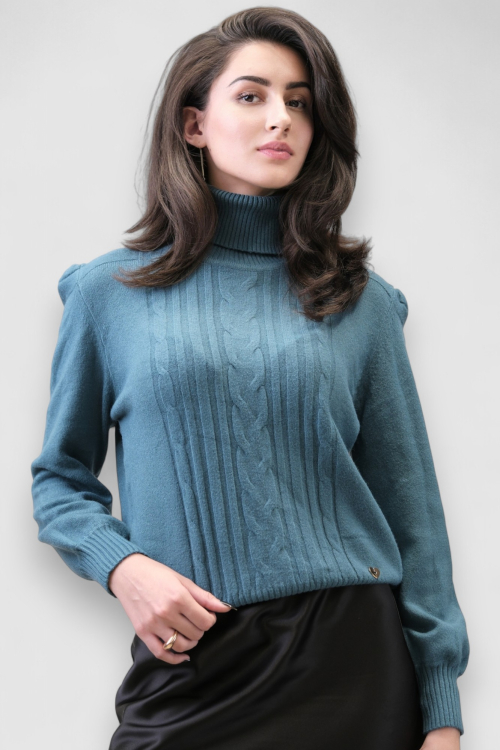 Ženski topliji džemper Maelle u petrolej boji s naboranim šavom na ramenima