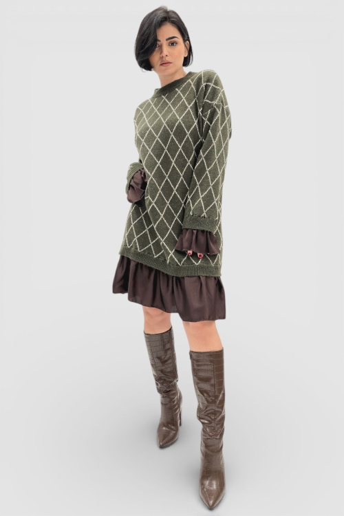 Zelena pletena haljina Cristal s dijamantnim uzorkom i satenskim rub s volanom