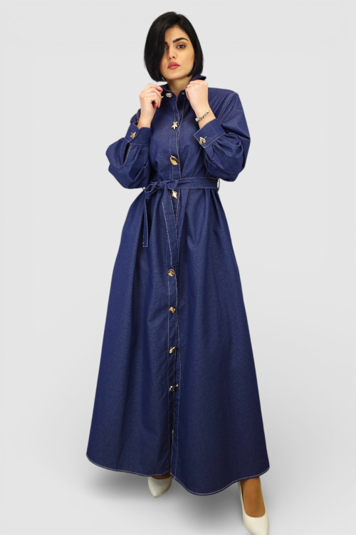 Duga denim haljina Corinna u retro vintage stilu s kontrastnim šavovima