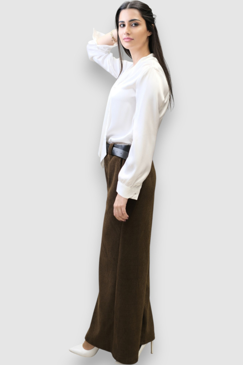 Ženske tamno smeđe samt hlače Lucy s širokim nogavicama i remenom