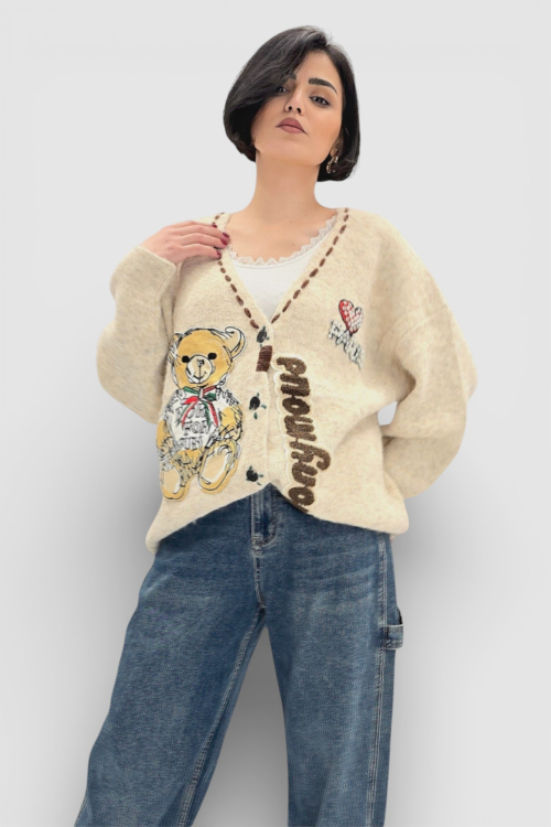 Ženski bež džemper na kopčanje Bindi s V-izrezom i aplikacijom medvjedića