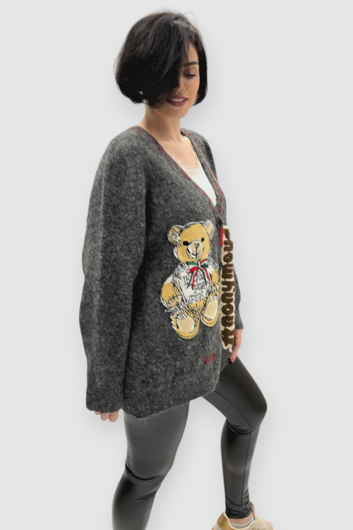 Ženski sivi džemper na kopčanje Bindi s V-izrezom i aplikacijom medvjedića