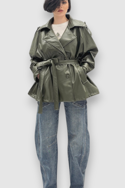 Ženska trendi tamno zelena oversized jakna Ember u imitaciji kože